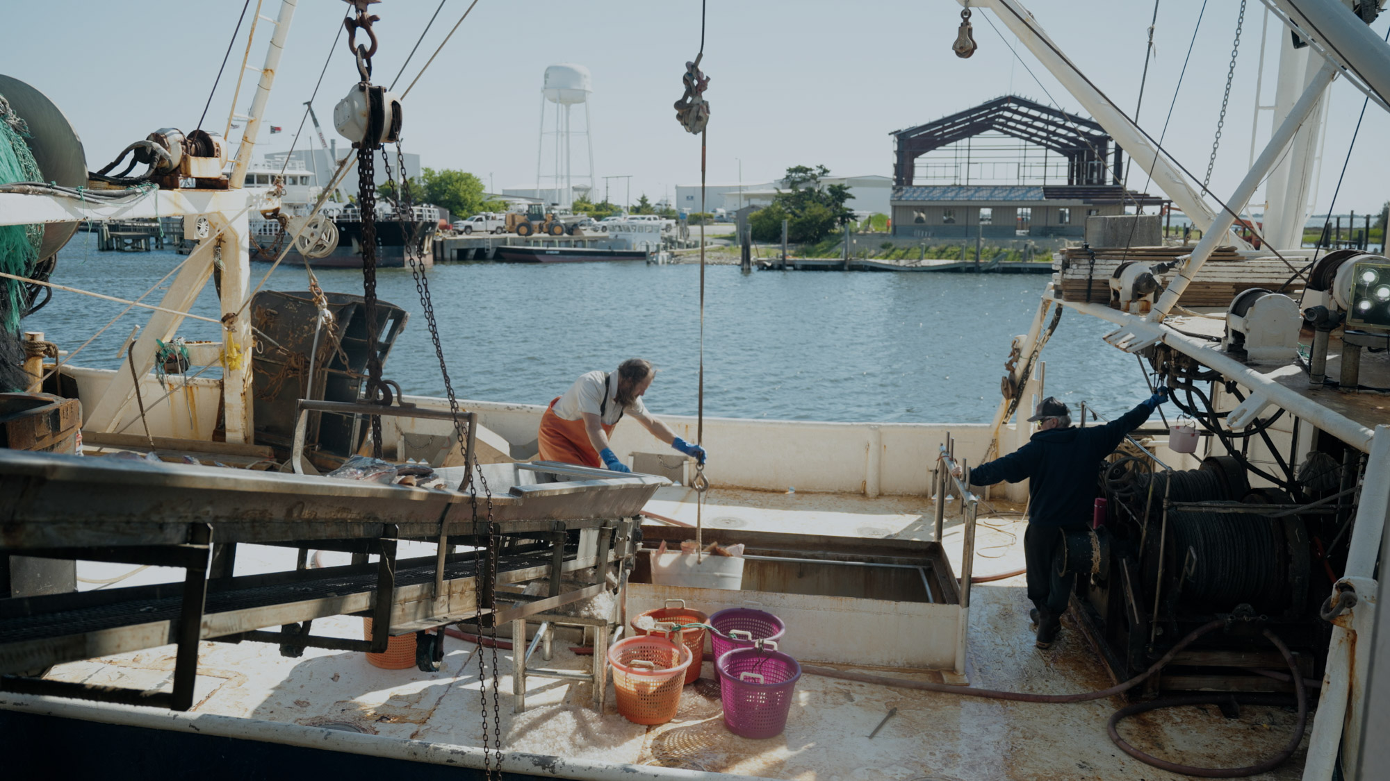 A large commercial fishing boat at Wanchese Harbor.